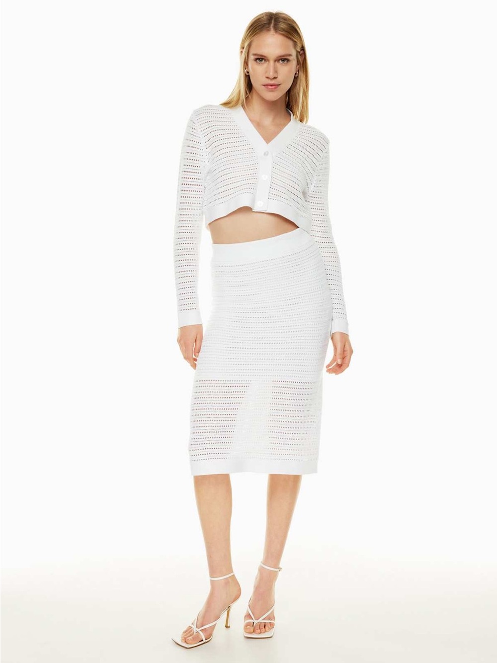 Aritzia Babaton White Lattice Openwork Knit Midi Skirt M medium